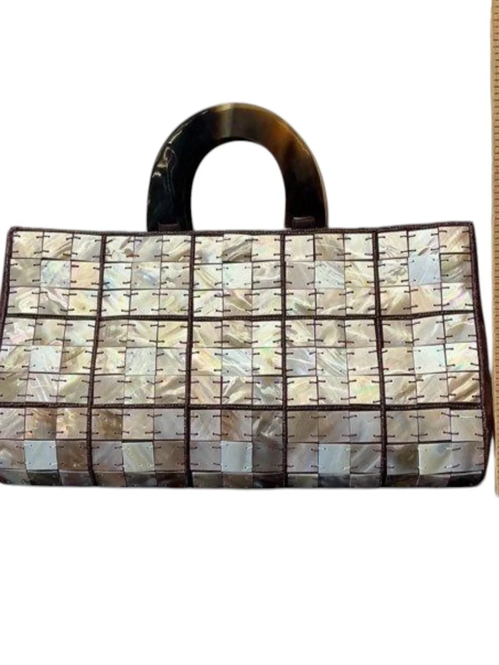 Vintage Mother of Pearl Mosaic Tiled Shell Bag Tortoiseshell Top Handle Clutch